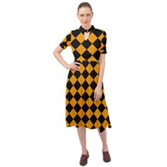 Block Fiesta Black And Honey Orange Keyhole Neckline Chiffon Dress by FashionBoulevard