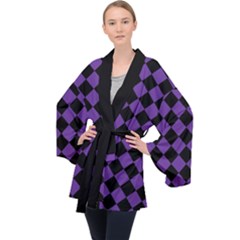 Block Fiesta Black And Imperial Purple Long Sleeve Velvet Kimono  by FashionBoulevard