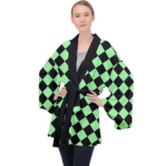 Block Fiesta Black And Mint Green Long Sleeve Velvet Kimono 