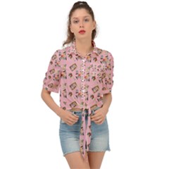 Robin Art Pink Pattern Tie Front Shirt  by snowwhitegirl