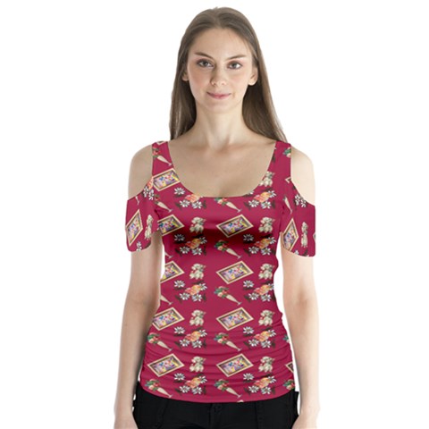 Robin Art Red Pattern Butterfly Sleeve Cutout Tee  by snowwhitegirl