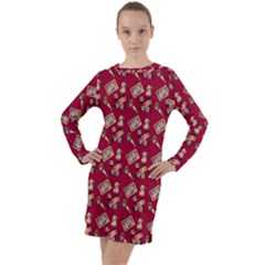 Robin Art Red Pattern Long Sleeve Hoodie Dress