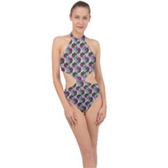 Doily Rose Pattern Blue Halter Side Cut Swimsuit