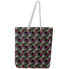 Doily Rose Pattern Black Full Print Rope Handle Tote (large) by snowwhitegirl