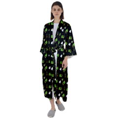 Green Elephant Pattern Maxi Satin Kimono