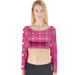 Green Elephant Pattern Hot Pink Long Sleeve Crop Top by snowwhitegirl