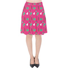 Green Elephant Pattern Hot Pink Velvet High Waist Skirt