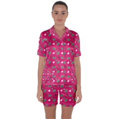 Green Elephant Pattern Hot Pink Satin Short Sleeve Pyjamas Set by snowwhitegirl