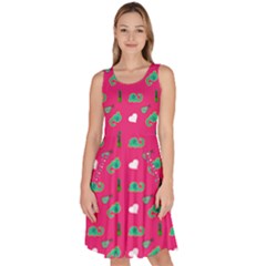 Green Elephant Pattern Hot Pink Knee Length Skater Dress With Pockets