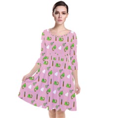 Green Elephant Pattern Pink Quarter Sleeve Waist Band Dress by snowwhitegirl
