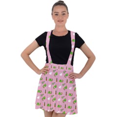 Green Elephant Pattern Pink Velvet Suspender Skater Skirt