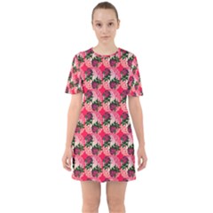 Doily Rose Pattern Watermelon Pink Sixties Short Sleeve Mini Dress