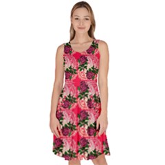 Doily Rose Pattern Watermelon Pink Knee Length Skater Dress With Pockets