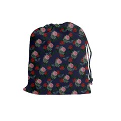 Dark Floral Butterfly Blue Drawstring Pouch (Large)