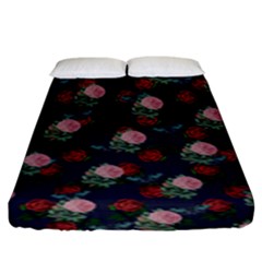 Dark Floral Butterfly Blue Fitted Sheet (King Size)