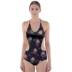 Dark Floral Butterfly Blue Cut-Out One Piece Swimsuit