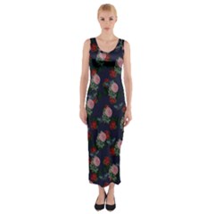 Dark Floral Butterfly Blue Fitted Maxi Dress