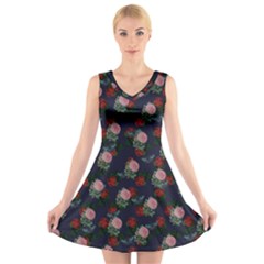 Dark Floral Butterfly Blue V-Neck Sleeveless Dress