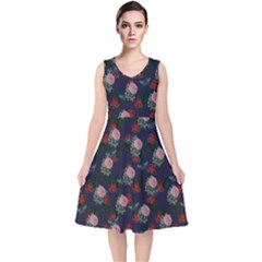 Dark Floral Butterfly Blue V-Neck Midi Sleeveless Dress 