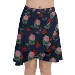 Dark Floral Butterfly Blue Chiffon Wrap Front Skirt