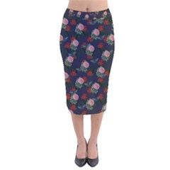 Dark Floral Butterfly Blue Velvet Midi Pencil Skirt