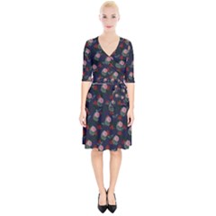 Dark Floral Butterfly Blue Wrap Up Cocktail Dress
