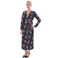 Dark Floral Butterfly Blue Velvet Maxi Wrap Dress