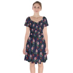 Dark Floral Butterfly Blue Short Sleeve Bardot Dress