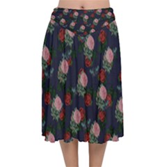 Dark Floral Butterfly Blue Velvet Flared Midi Skirt