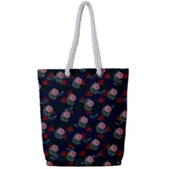 Dark Floral Butterfly Blue Full Print Rope Handle Tote (Small)
