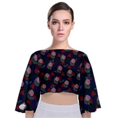 Dark Floral Butterfly Blue Tie Back Butterfly Sleeve Chiffon Top