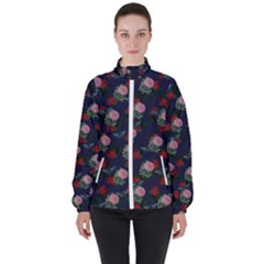 Dark Floral Butterfly Blue Women s High Neck Windbreaker