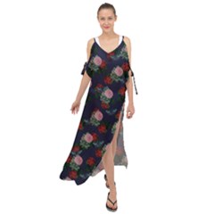Dark Floral Butterfly Blue Maxi Chiffon Cover Up Dress