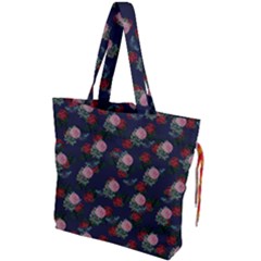 Dark Floral Butterfly Blue Drawstring Tote Bag