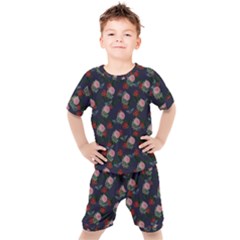 Dark Floral Butterfly Blue Kids  Tee and Shorts Set