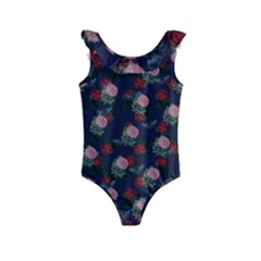 Dark Floral Butterfly Blue Kids  Frill Swimsuit