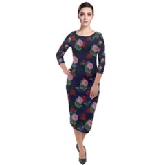 Dark Floral Butterfly Blue Quarter Sleeve Midi Velour Bodycon Dress