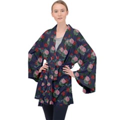 Dark Floral Butterfly Blue Long Sleeve Velvet Kimono  by snowwhitegirl