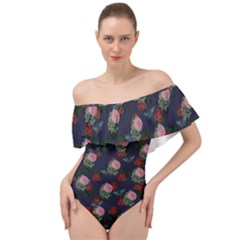 Dark Floral Butterfly Blue Off Shoulder Velour Bodysuit 