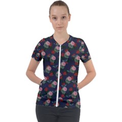 Dark Floral Butterfly Blue Short Sleeve Zip Up Jacket