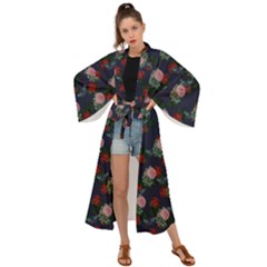 Dark Floral Butterfly Blue Maxi Kimono