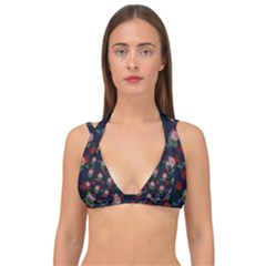 Dark Floral Butterfly Blue Double Strap Halter Bikini Top