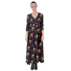 Dark Floral Butterfly Blue Button Up Maxi Dress