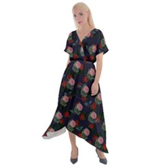 Dark Floral Butterfly Blue Cross Front Sharkbite Hem Maxi Dress