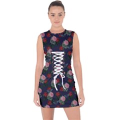 Dark Floral Butterfly Blue Lace Up Front Bodycon Dress