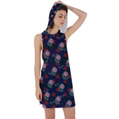 Dark Floral Butterfly Blue Racer Back Hoodie Dress