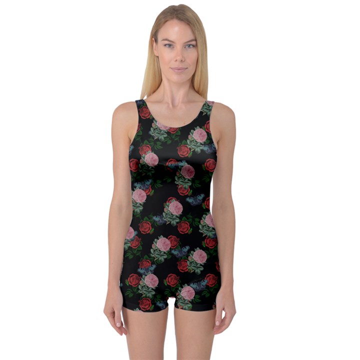 Dark Floral Butterfly Black One Piece Boyleg Swimsuit