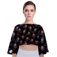 Dark Floral Butterfly Black Tie Back Butterfly Sleeve Chiffon Top