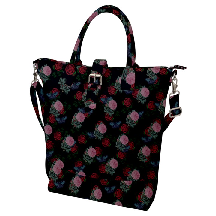 Dark Floral Butterfly Black Buckle Top Tote Bag