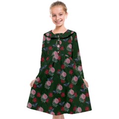 Dark Floral Butterfly Green Kids  Midi Sailor Dress